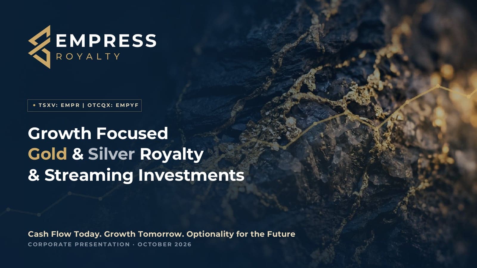 Empress Royalty corporate presentation cover, October 2026 — Growth Focused Gold & Silver Royalty & Streaming Investments